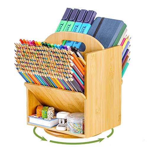 Marbrasse Bamboo Rotating Pen Organizer, Ultra-Large Capacity Pen Holder for Desk, Art Supply Desk Organizer with 6 Compartments - Office Supplies Desktop Storage Caddy for Colored Pencil, Pen, Marker