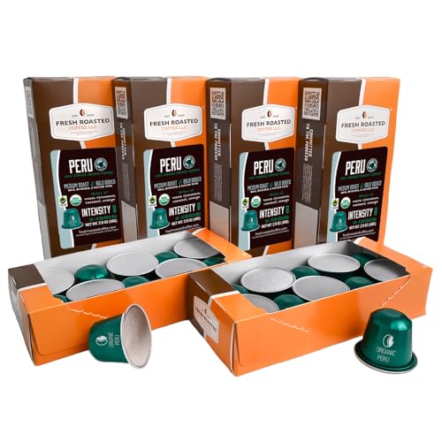 Image of Fresh Roasted Coffee, Organic Peru Espresso Capsules for Nespresso OriginalLine, Medium, USDA Organic, 3rd Party Tested for Mold, Mycotoxin & Pesticides, Kosher, 60 Recyclable Aluminum Capsules