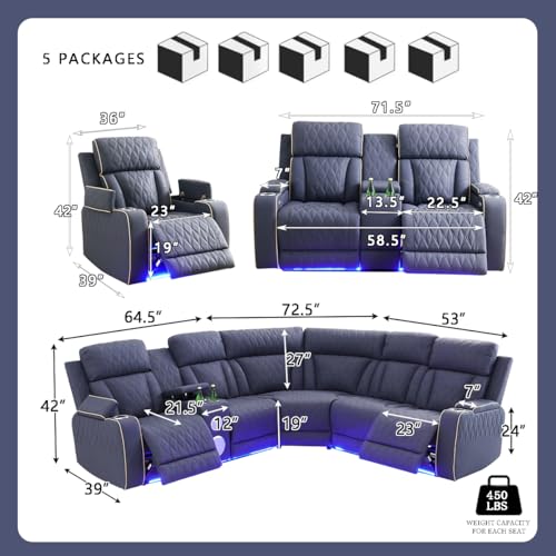 Image of Power Sanded Leather Reclining Sofa with Bass Speakers, Power Recliner Sectional Sofa with Reading lamp /LED Light, Sectional Reclining Loveseat Couch with Hide-Away Storage for Living Room