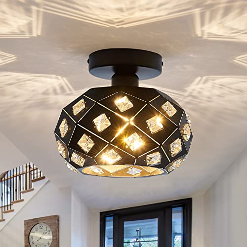 VCJYXZC Mini Crystal Semi Flush Mount Ceiling Light Fixture Industrial Metal Ceiling Light with White Shade E26 Small Black Modern Chandelier for Farmhouse Hallway Kitchen Bathroom Closet Bedroom