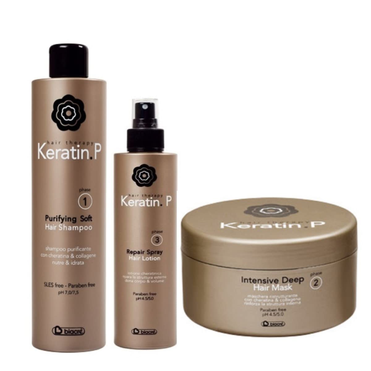 Kit Set completo trattamento capelli ristrutturante Keratin P Biacre' Shampoo + Maschera + Lozione spray
