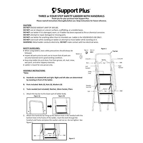 SUPPORT PLUS Folding 3-Step Safety Step Ladder - Padded Side Handrails - Attachable Tool Pouch Caddy