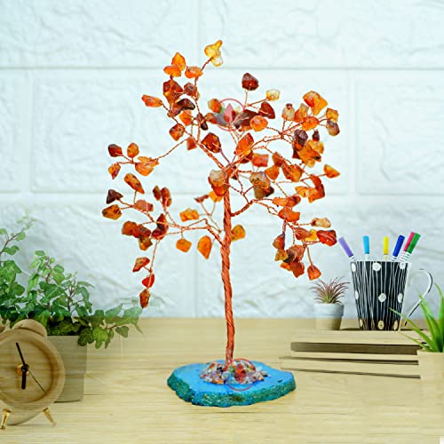 Image of REMEDYWALA Charged Energized Red Carnelian Crystal Tree with Agate Slice Base for Reiki Healing, Red Carnelian Stones Crystal Tree 100 Beads