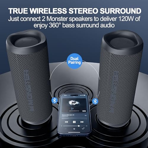 Monster S620 Bluetooth Speaker, Wireless Portable Outdoor Bluetooth Speakers, 60W True Wireless Stereo IPX8 Waterproof, Dual PairingBluetooth 5.4 Built-in Mic, Perfect for Home, Black - Image 3