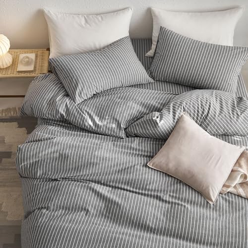 Image of MooMee Striped Duvet Cover Set 100% Washed Cotton Linen Like | Relaxed Linen-like Texture. Soft, Breathable & Long-lasting Comfort. Lightweight. Hidden Zipper with 8 Interior Corner Ties