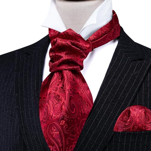 Image of Barry.Wang Ascot Ties Cravat Tie Men Paisley Plaid Scarf Self Tie Pocket Square Cufflinks Set Wedding Party