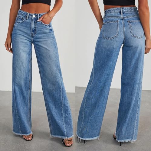 Blue High Rise Tummy Control Vintage Wash Jeans Women Wide Leg Jeans High Waisted Stretchy Trendy Front Seam Denim Pants2