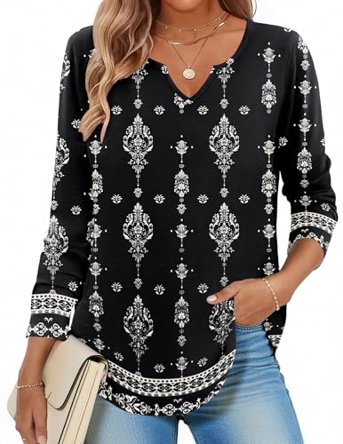 Image of Zeagoo Long Sleeve Shirts for Women Fall Tops Casual Dressy V Neck Blouses Boho Tunic Western Clothes Vacation Outfits