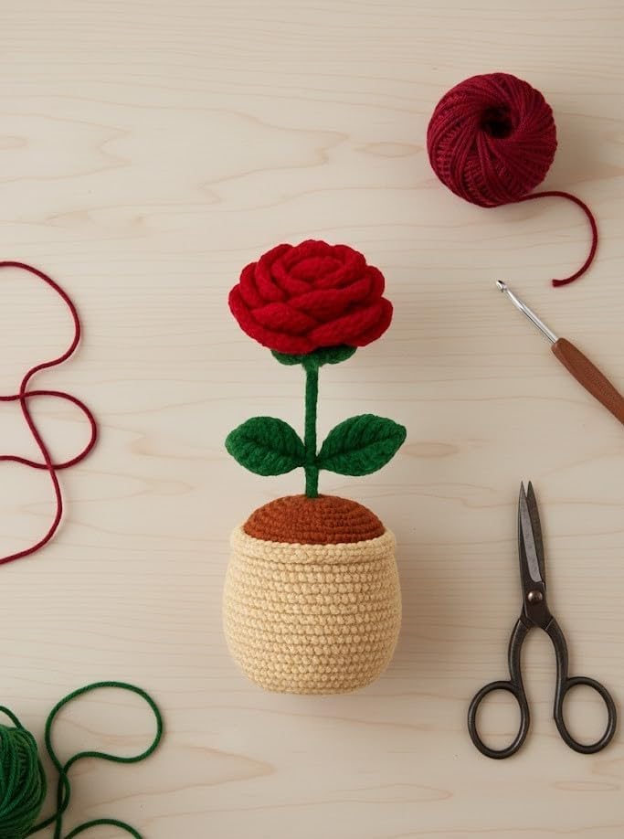 Image of Handmade Crochet Sunflower Pot - Eco-Friendly Knitted Flower Plant, Perfect Decorative Piece for Home, Office Table & Gifting Purpose (Maroon)