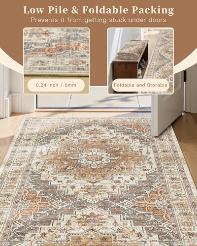 Madane Washable Area Rug 2x4, Small Entryway Rug Non-Slip Vintage Door Mat Indoor Entrance, Low Pile Floor Carpet Runner for Inside Front Door Kitchen Entry Laundry, Turmeric/Grey