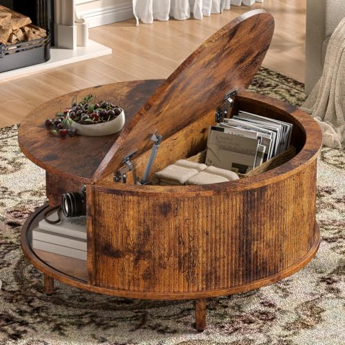Image of Round Coffee Table, 31.5 inch Fluted Center Table with Storage, Lift-Top Coffee Table with Adjustable Footpads, Sliding Door, Mid-Century Modern Center Table for Living Room, Small Space (Brown)