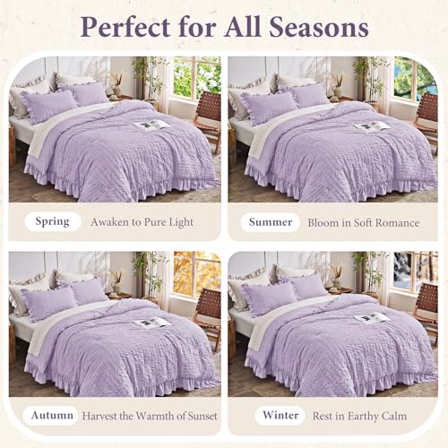 Image of JOLLYVOGUE Lavender Oversized King Comforter Set,3pcs Seersucker Bed Set | OEKO-TEX Certified, All Season, Down Alternative Fill, Lightweight Bedding Set with Ruffle Comforter & Pillowshams, Easy Care