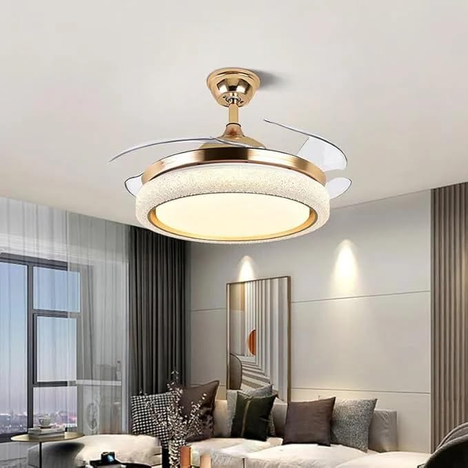 Image of Harold Electricals Modern LED Ceiling Fan with Retractable Blades, Gold and White, Remote Control, Dimmable Light, for Living Room, Bedroom, Dining Room, Home Decor Hanging Light & Fan