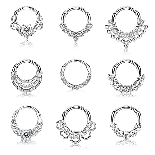 Morfetto 9PCS 16G Anillo Clicker del tabique Acero Inoxidable CZ Anillo de aro de la Nariz Helix Tragus Cartílago Pendientes Hoop Clicker Anillos Piercing del tabique para Mujeres Cover