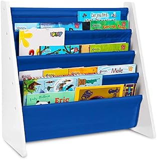 Fineway. 4 Tier Kids Book Storage Rack Wooden Sling Bookshelf Childrens Bookcase Shelves (Blue)