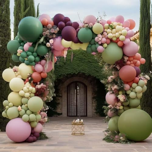 Dusty Pink Green Yellow Balloon Garland - Double Stuffed Sage Green Olive Matte Pastel Plum Balloon Arch Kit for Baby Shower Birthday Floral Summer Party Decoration
