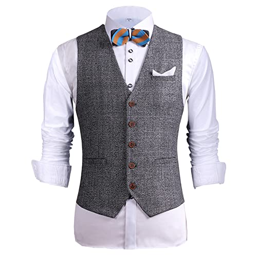 Solove-Suit Gilet De Costume en Laine Tweed Vintage pour Homme, col en V, Gilet Coupe Slim pour garçons d'honneur de Mariage(Gris, S) Cover