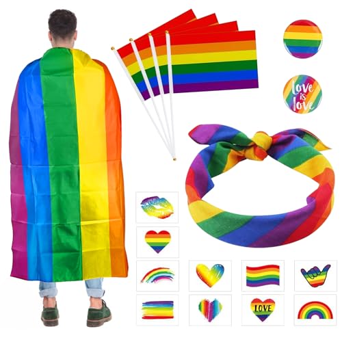 GAROMIA 17 piezas de accesorios del orgullo gay fiesta arco iris capa diadema LGBTQ insignia tatuaje arco iris banderas para mujeres hombres orgullo fiesta orgullo paraíso