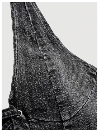 WDIRARA Women's Lace Up Front Denim Halter Tops Deep V Neck Tie Back Smocked Sleeveless Crop Top4