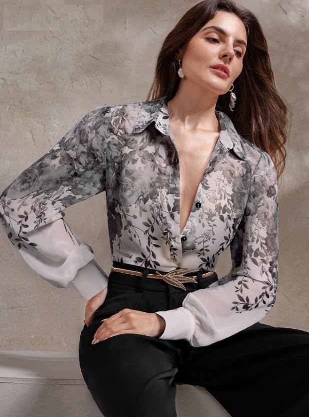 Image of Women Shirt || Women Top ||Autumn Leaves Print Polo Collar Shirt, Casual Long Sleeve (S-22-25)