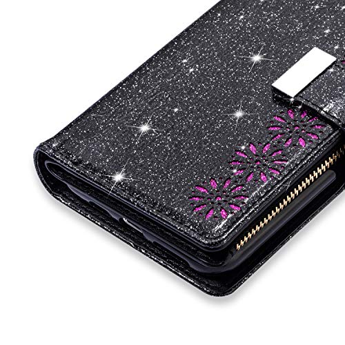 Galaxy S20 FE 5G Case Bling Wallet,Kudex [9 Card Slots] [Zipper Pocket] Glitter Leather Stand Flip Wallet Purse Handbag Case with Wrist Strap for Samsung Galaxy S20 FE/S20 Lite 6.5Inch(Black) - Thumbnail 7
