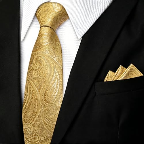 Image of DiBanGu Mens Paisley Tie Set Silk Woven Jacquard Necktie and Pocket Square Cufflinks Gift Set for Wedding Bussiness