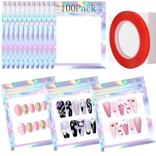 Qenk 100PCS Empty Holographic Nail Storage Bag Press on Nail Packaging Bag and 100PCS Shiny white cardboard Nail Tips Packaging Bags with 1 Roll Transparent Tape