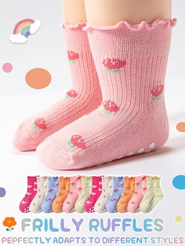 Image of Baby Toddler Girls Socks Grip Ruffle Non Slip Kids Cotton 12 Pack Socks | PREMIUM soft COTTON,full anti-slip grips,6month-7t grippy crew socks for girls,daily school all season wear,cute ruffle