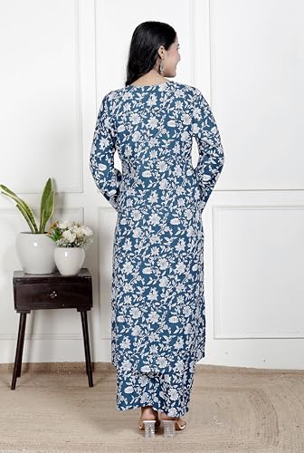 Image of NIKLAV Blue Floral Printed Cotton Kurta Set for Women Featuring Long Straight Kurti with Palazzo, Lightweight Breathable Fabric, V Neckline, Full Sleeves, and Soft Stitch Detailing