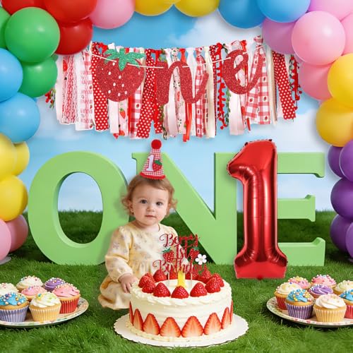Image of Strawberry Highchair Banner for Girls First Birthday Party Decorations | Berry 1st High Chair Fabric Banner for Sweet One Birthday Backdrop Decorations Strawberry Baby Shower Party Supplies