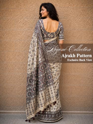 Image of Ajrakh Modal Silk Saree for Women | Mirror Work Black Saree | Gajji Silk Red Pallu Tassels | Designer Sarees for Women Party | Ajrakh Print Saree | Modal Silk Sarees Original