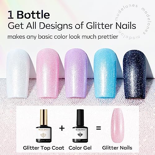 Image of modelones Glitter Gel Top Coat, Ultra Fine White Aurora Clear Glitter Gel Polish Glossy Sparkle Finish Long Lasting Soak Off Pearlescent Shimmer Manicure Nail Art Gift for Women Girls