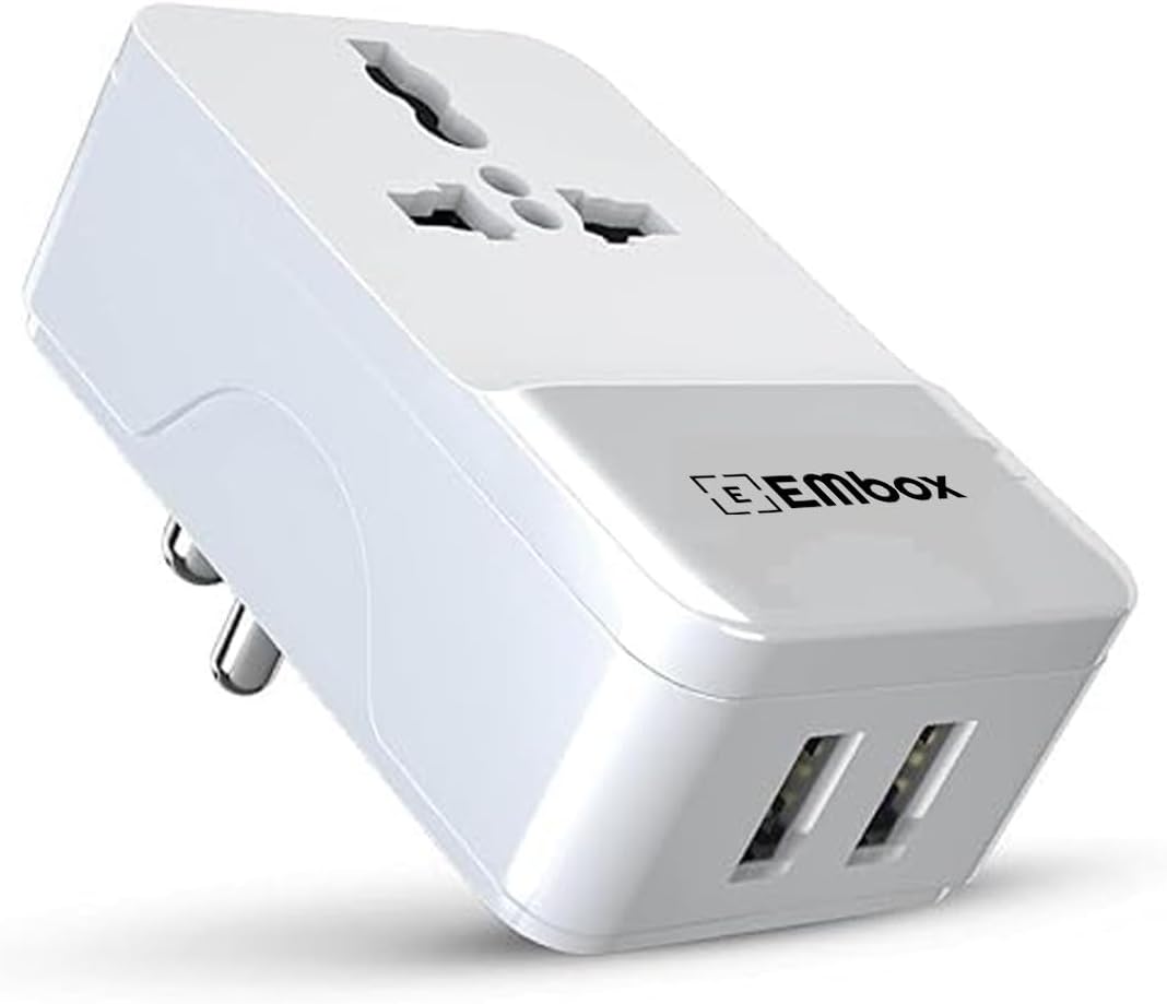 Embox Multi Plug Adapter 1 Universal Socket and USB Adapter with 2 USB Ports multiplug sockets with 3.4A Output Adapter Plug Socket to Charge Mobile Phones, laptops and cams