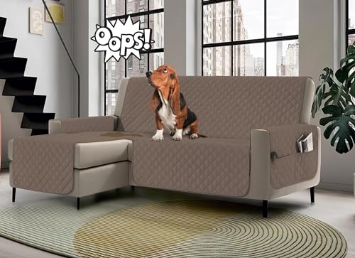 Banzaii Funda de Sofá con Chaise Longue 4 Plazas, Impermeable, Antimanchas, Acolchada, Reversible con Bolsillos Portaobjetos - Cuerda con Chaise Longue Izquierda/Derecha