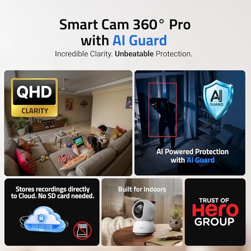 Image of Qubo Smart Cam 360 Pro 4MP by Hero Group [2026 Edition]| STQC Certified | Color Night Vision | 360 Panoramic Monitoring |App Alerts | 2-Way Talk | AI Person Detection | Cloud & SD Card Support