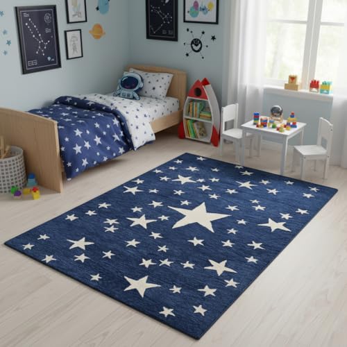 Image of Hand-Tufted Star Wool Area Rug for Kids | Starry Night Design, Soft and Durable and Thick Carpet | Perfect for Living Room, Kids Room, Bedroom & Kitchen (Navy Blue, 3' x 5')