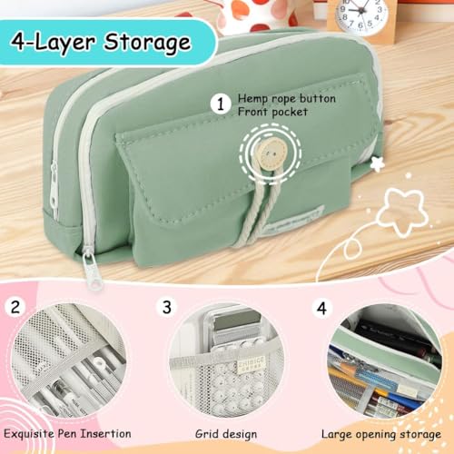 Image of Canvas School Bag Pencil Case, 3 Layer 6 Compartment Large Capacity, Aesthetic Pencil Pouch for Stationary, Cute Stationery for Kids, Pencil Case for Girls & Boys (Our Timer G)