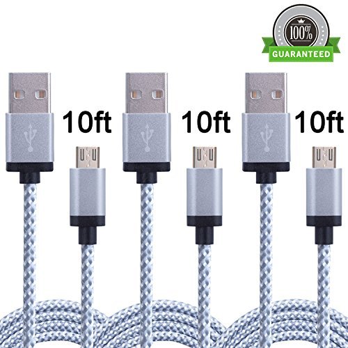Amoner 3Pack 10ft Nylon Braided High Speed USB 2.0 A Male to Micro USB Male Cable, Data Sync Cable Cord for Android, Samsung, HTC, Motorola, BlackBerry Smartphones, Tablets,1 Year Warranty