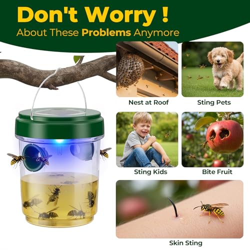Image of 4 Packs Wasp Traps Outdoor Hanging, 2026 New Upgrade Wasp & Hornet Trap Yellow Jacket Catcher with LED Light, Solar Powered Carpenter Bee Traps for Outside Garden, Patio, Backyard, Camping