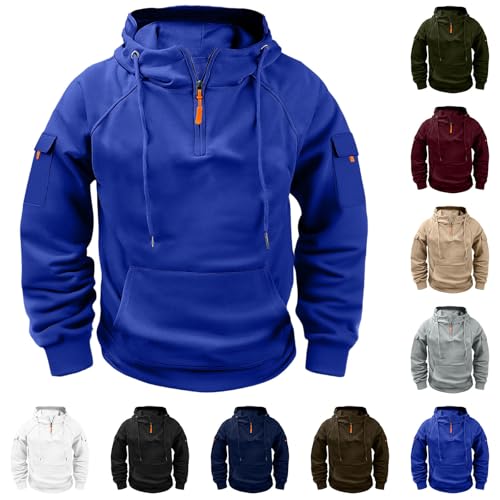 Mens Cargo Athletic Hoodies Fleece Lined 1/4 Zip Big And Tall Hoodies Vintage Hood Pullover Sweatshirt Zipper Pockets4