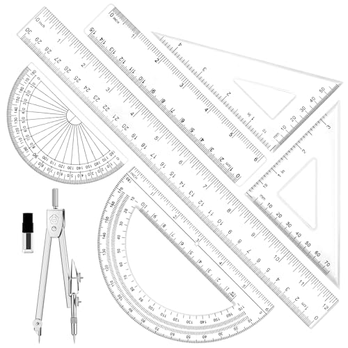 Geometry Set - 7Pcs Geometry Kit with Clear Plastic Ruler 12Inch & 6Inch, Triangle Ruler, Protractor and Compass Set for School Office Math Drawing Drafting Engineering Architecture Art
