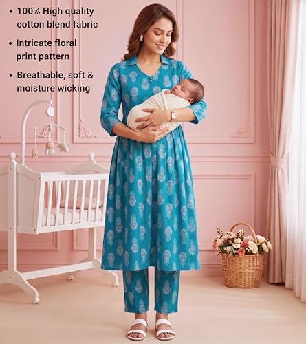 Image of DUMMY SHAPE Maternity Dresses for Women Cotton Rayon | Floral Kurta Pant Dupatta Set with Nursing Zippers to Pre & Post Partum | Feeding Kurtis | Mom to Be Gifts for Pregnant Woman