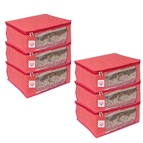 JustandKrafts 3 Layered Cotton Quilted Large Saree Cover Bag/Wardrobe Organiser with Transparent Window Red (Set of 6)