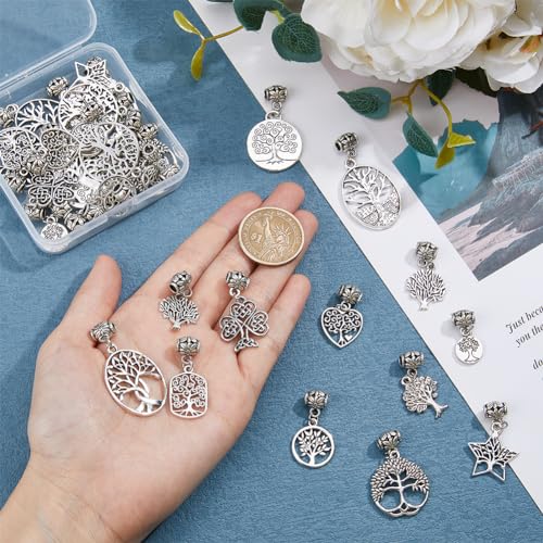 SUPERFINDINGS 32Pcs 16 Styles Tibetan European Dangle Charms Beads Alloy Tree of Life Charm Beads Antique Silver Dangle Spacer Beads Bails Connector for Jewelry Making Hole:1.6mm - Image 3