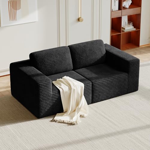 Image of Vesgantti 80 inch Modular Sectional Sofa, Corduroy Cloud Couch with Deep Seating & Spring Support, 2 Seater Compact Modular Couch, Boneless Sectional Sofa for Small Spaces, No Assembly Required, Black