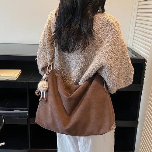 Suede Leather Versatile Handbag with Pendant Retro Underarm Bag Large Capacity Stylish Shoulder Bag Work Commute Shopping Par2