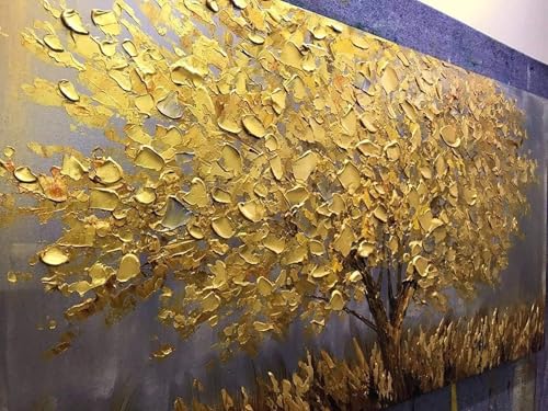 Peinture abstraite arbre doré pour habiller un mur vide de salon