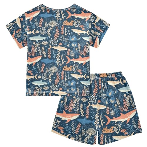 ALAZA Sharks Corals Blue Pajama Set Short Sleeve Sleepwear Soft Lounge Nightwear2