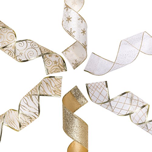 Ipegtop Wired Christmas Ribbon, Assorted Organza Swirl Sheer Glitter Crafts Gift Wrapping Ribbon Christmas Design Decorations, 36 Yards (6 Roll X 6 Yd) By 2.5 Inch, White/Gold #TOP2