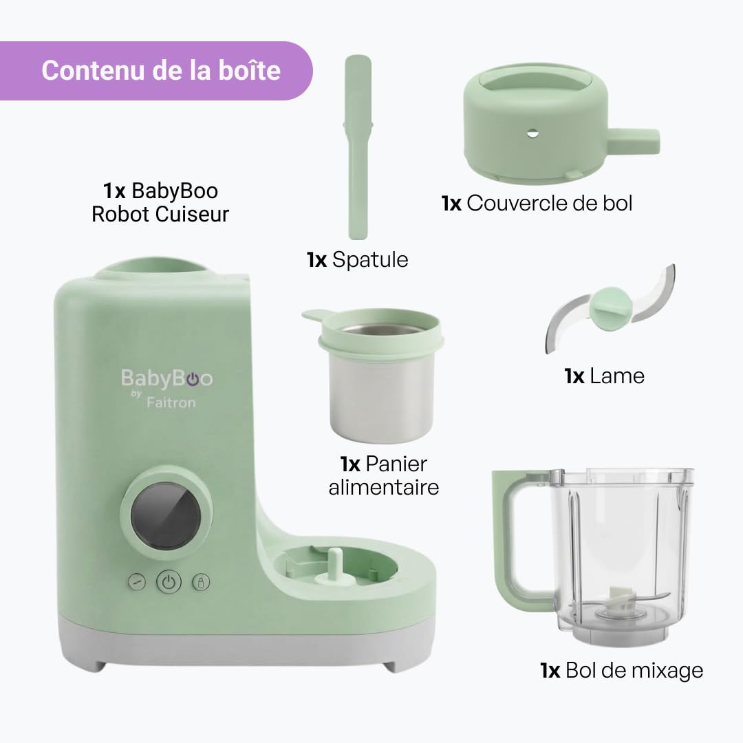 BabyBoo Robot Pappa 7-en-1 – Cuisson à la vapeur et mixage en 20 minutes, puissance 300 W, chauffe-biberon et stérilisateur, verre en Tritan, panier en acier inoxydable, écran digital